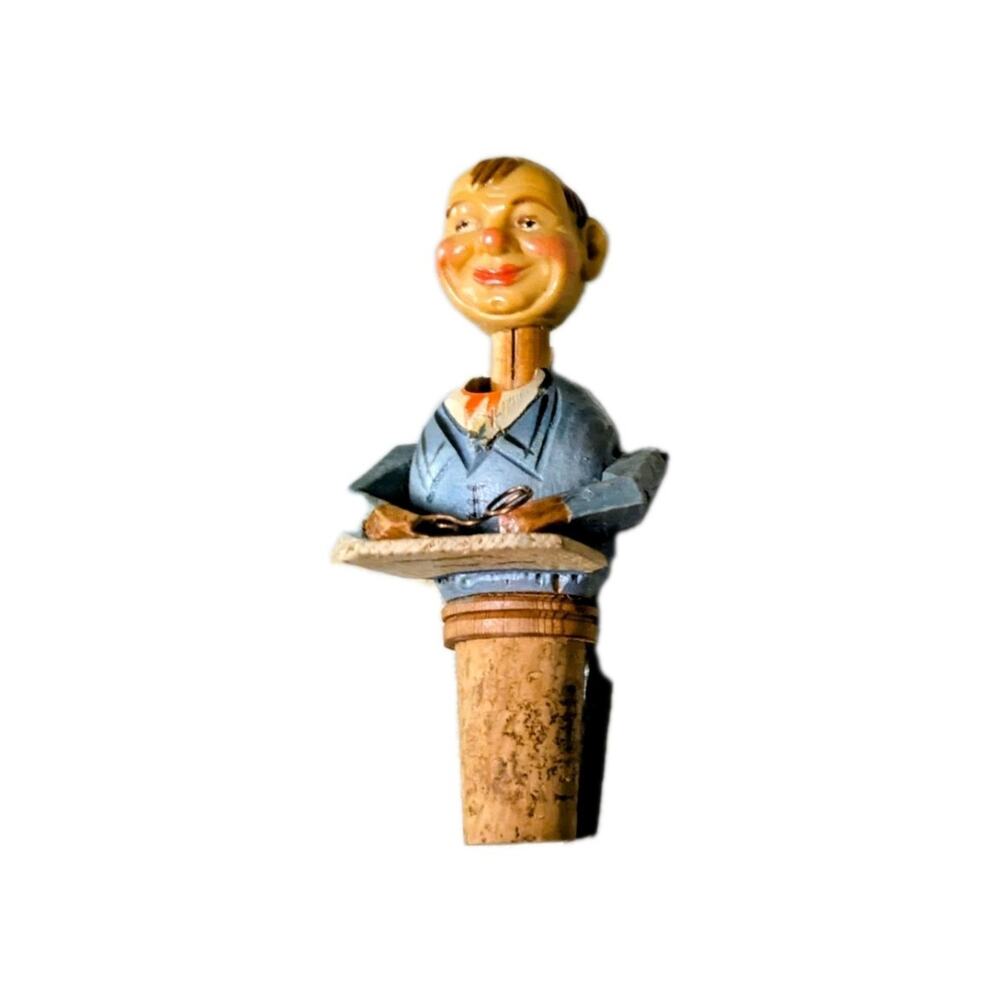 Antique ANRI Carved Wooden Mechanical Bottle Stopper Italy Folk Art Wine Cork